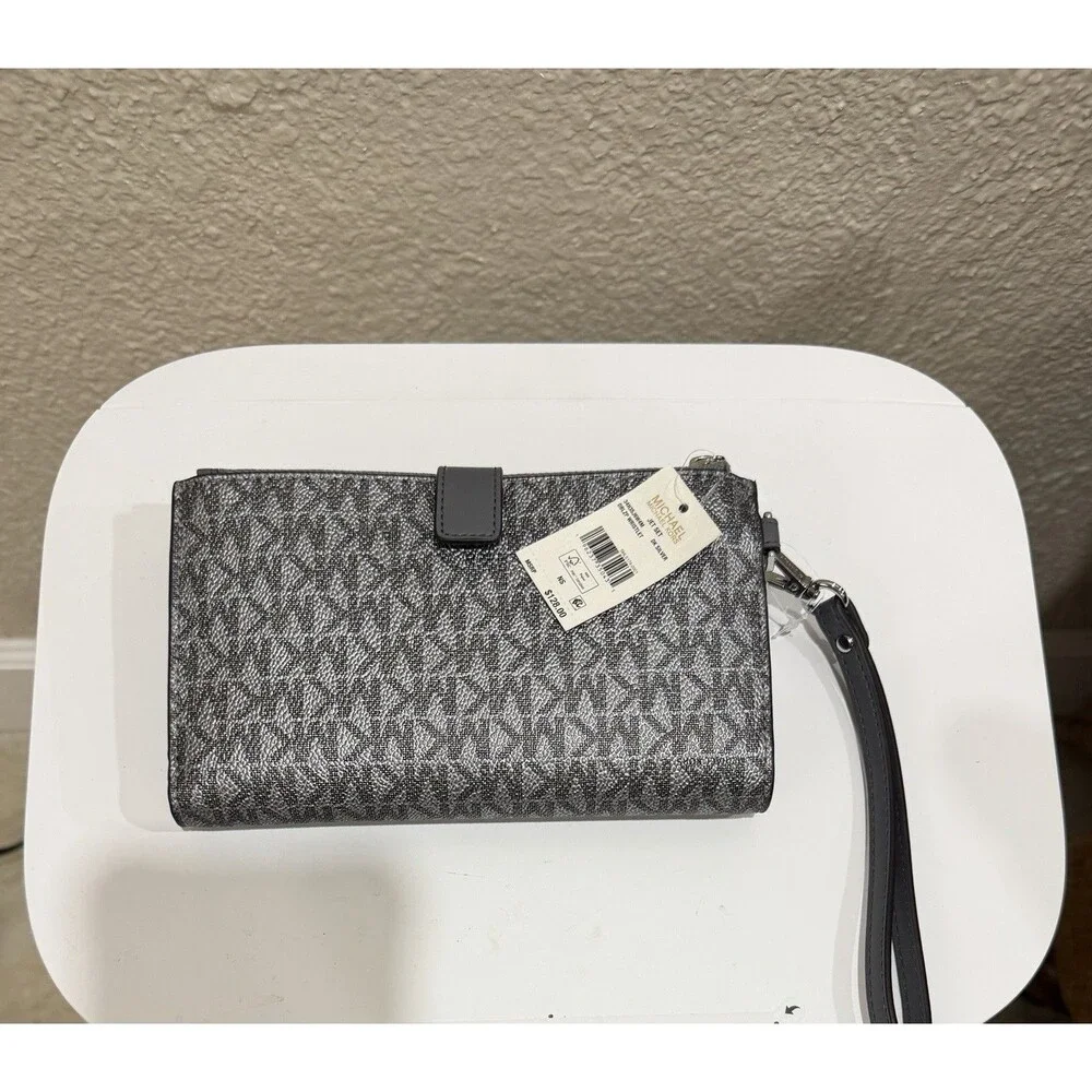 Michael Kors Jet Set Travel Double Zip Wristlet Pearl Grey Silver NWT